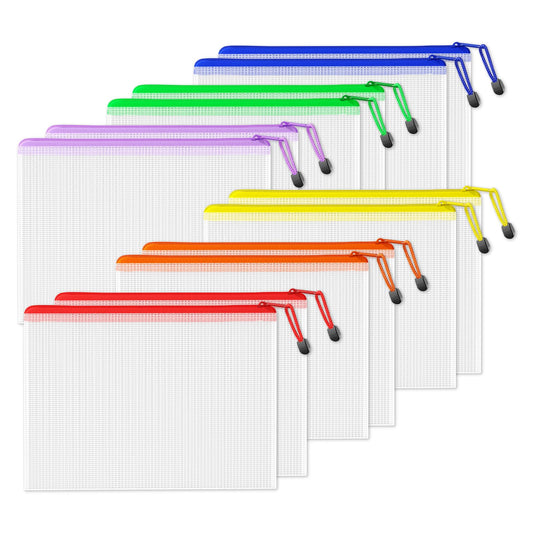 SUNEE Plastic Mesh Zipper Pouch 9.2x12.5 in (6 Colors, 12 Packs),Extra Large Water-Resistant Zip Bag for School Office Supplies, Puzzles & Games Organizing Storage