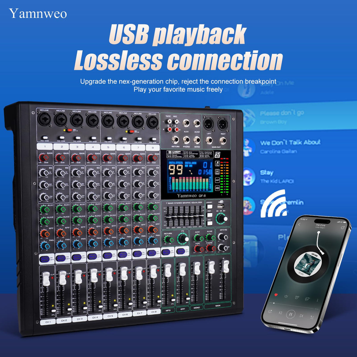 Doslnlya GF8 Pro Multi functional 8-channel Audio Mixer, Bluetooth DJ Mixing Console -7-level Stage Equalizer, 99 Sound Effects, Stage Independent Mute, Karaoke, Wedding Scene, Party DJ Mixer