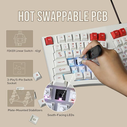 Feker Alice98 Ergonomic 98 Keys Custom Mechanical Keyboard, VIA Programmable, USB-C Wired Gaming Keyboard, Hot Swappable, 5 Layer Paddings, Control Knob, NKRO, RGB for Win/Mac (Beige)