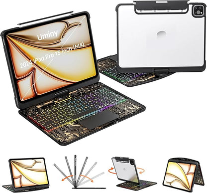Uminy iPad Keyboard Case for 2024 M4 iPad Pro 13 inch, Magic Wireless Keyboard with Trackpad 7 Color Backlit, 360° Rotating Stand Transparent Protective Cover with Pencil Holder (Black)