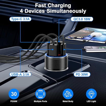 Car Phone Charger, Besgoods USB C Car Charger Adapter 4 Ports with Voltmeter PD&QC Fast Charging Cigarette Lighter USB Charger for iPhone 16 15 14 13 12 Galaxy S24 S23 A54 A15 Dash Cam Car Acc, 2Pack