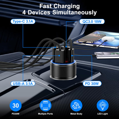 Car Charger USB C, Besgoods 4 Ports Cigarette Lighter USB Charger USB C Car Adapter PD/QC Fast Charging with Voltmeter for iPhone 17 16 15 14 13 12 Galaxy S24 S23 A54 A16 Android Dash Cam, 2Pack