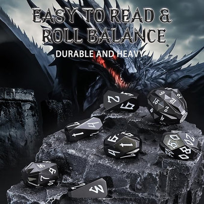 Metal DND Dice Set D and D, Dungeons and Dragons Dice of 7 RPG Dice Set Metal Unique Cool Polyhedral Dice Set with Cardboard Box for Role Playing Games TTRPG Gifts (Black)