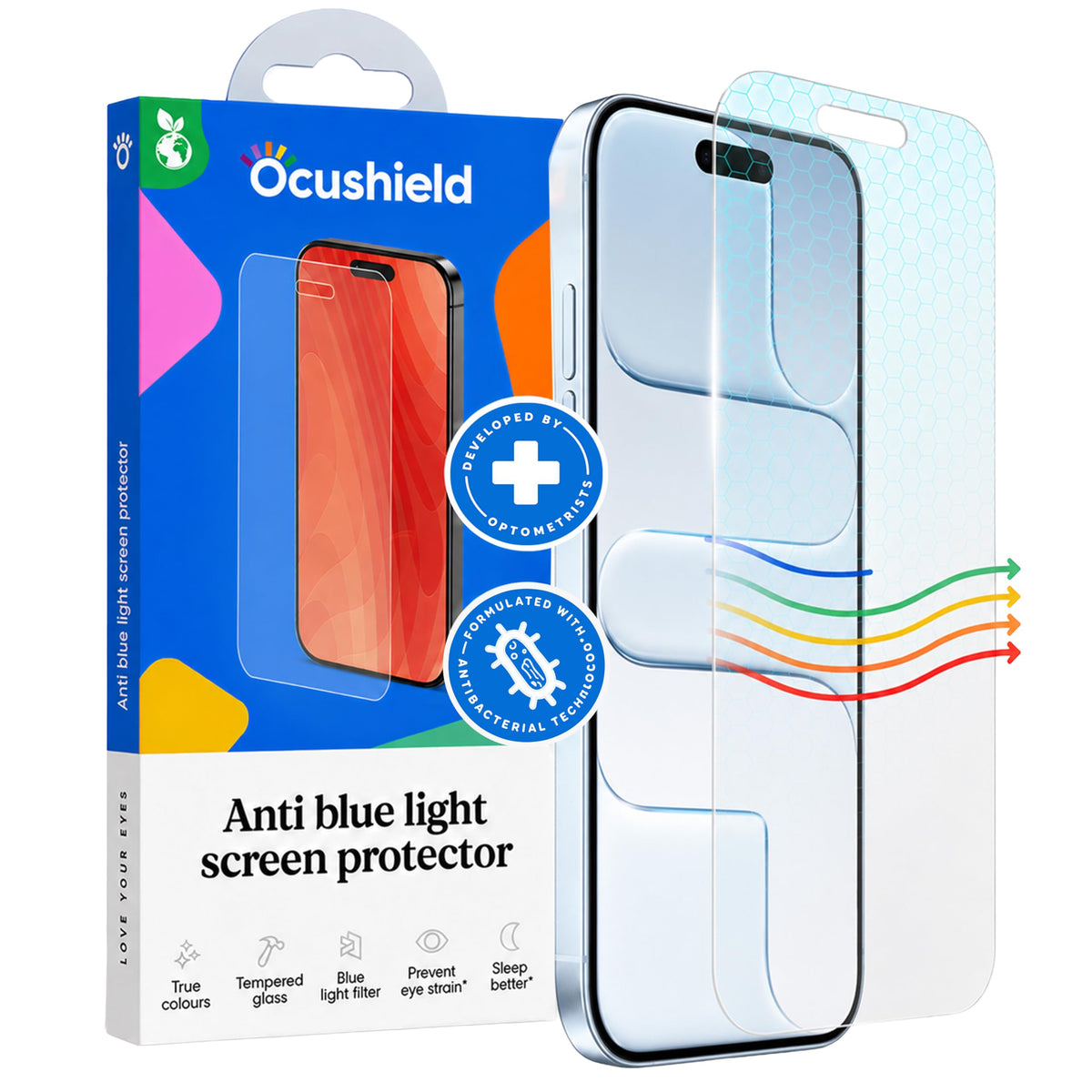 Ocushield Anti Blue Light Tempered Glass Screen Protector of iPhone 16 Plus (6.7")– Blocks Blue Light, Prevents Eye Strain & Helps You Sleep Better, 9H Hardness & Case Friendly
