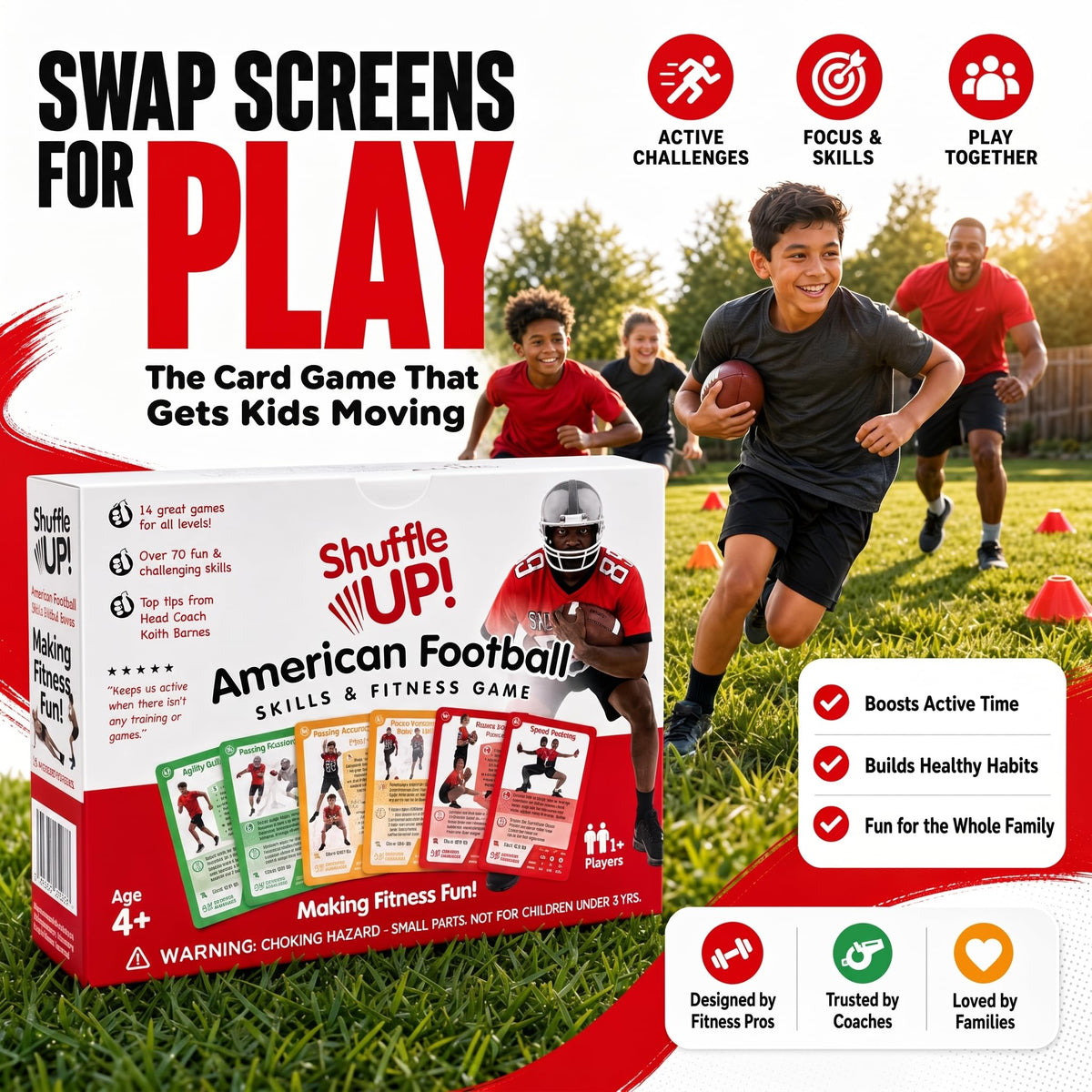 Shuffle Up Football Game - 70+ Fitness Cards, Training Equipment Kids Gift