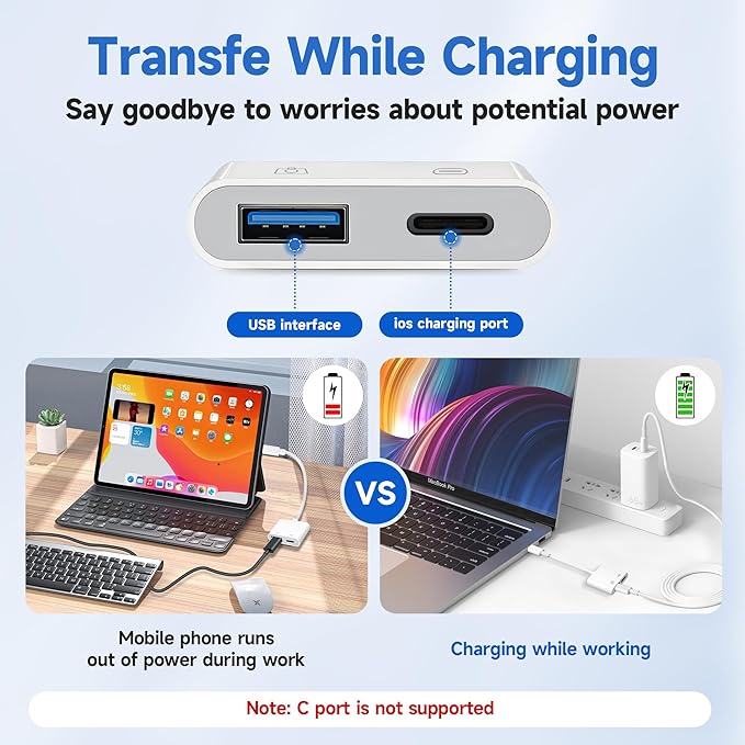 [Apple MFi Certified] Lightning to USB Camera Adapter with Charging Port, Portable USB3.0 Female OTG Cable Adapter for Select iPhone, iPad Models, Support Card Reader, USB Flash Drive, Keyboard, Mice