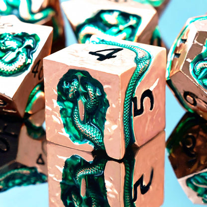 RULE DICE Serpent's Embrace Metal DND Dice Set - 7pc Polyhedral D&D Dice for TTRPGs Like Dungeons and Dragons and Pathfinder - Emerald Green Snake Design, Heavy & Balanced for Tabletop Gaming
