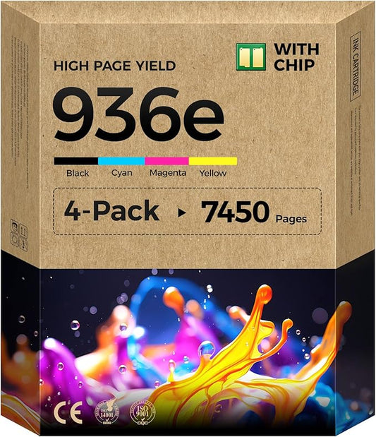 INKBAY 936e 936XL Ink Cartridges 4-Pack with Chip High Yield Replacement for HP OfficeJet Pro 9125e 9135e 9110b 9128e 9130b 9122e 9120e 9730e Printers, Black Cyan Magenta Yellow