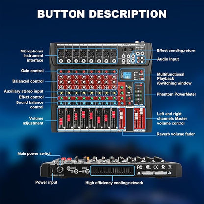 8 Channel Audio Mixer, Professional Music Mixer Board DJ Mixing Console with Bluetooth, USB/MP3 Player, Reverb, and 48V Phantom Power for Studio Recording, Karaoke, and Live Performances