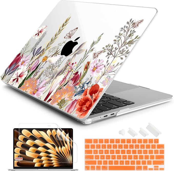 Batianda Premium Case for New MacBook Air 15 inch 2025 M4 2024 2023 with M3 M2 Chip Model A3114 A2941, Designed Protective Plastic Hardshell & Keyboard Cover & Screen Protector, Flower Field
