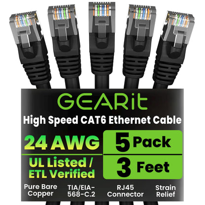 GEARit Cat6 Patch Cables 3 ft Black (5 Pack) Cat 6 Patch Cables 3ft Black/Ethernet Patch Cable, 10Gbps 550MHz 24AWG Pure Copper, Snagless, Gold Plated RJ45 for Router, Server, Router, PC