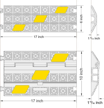 6 Pack 2-Channel Rubber Cable Protector Ramp, 17" x 10" x 1.8" inch Interlocking Floor Wire Cord Cable Cover, Visible at Night, Durable Rubber Speed Bump Hump Ramp (2-Channel 6 Pack)