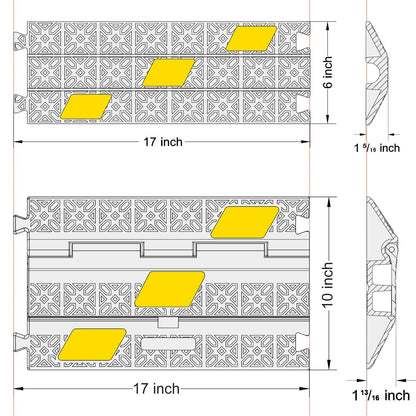 OranLite 6 Pack 2-Channel Rubber Cable Protector Ramp, 17" x 10" x 1.8" inch Interlocking Floor Wire Cord Cable Cover, Visible at Night, Durable Rubber Speed Bump Hump Ramp (2-Channel 6 Pack)