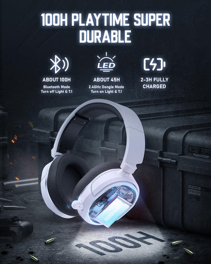 Wireless Gaming Headset, 7.1 Surround Sound, 2.4GHz USB Gaming Headphones with Bluetooth 5.4, 100H Battery, ENC Noise Canceling Mic, RGB Light, Wireless Headset for PC PS5 PS4 Mac Switch (Black-White)