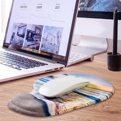JIKIOU Mouse Pad, 2 Pack Ergonomic Mouse Pads with Comfortable Gel Wrist Rest Support and Smooth Cloth, Non-Slip PU Base for Easy Typing Pain Relief Durable and Easy to Clean Small Beach