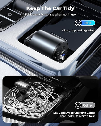 Retractable Car Charger, [2025 New] 4 in 1 Fast Car Phone Charger with Retractable Type C & L Cords, 120W USB Car Charging Adapter for iPhone 16 Pro Max 15 14 13 12, Samsung Galaxy, Pixel