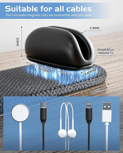 5-Pack Magnetic Cable Clips Cord Organizer - Smoothly Adjustable, Puretor Desk Cable Management Clips. Ideal Wire Holders for Desktop, Nightstand, Wall - Perfect for Home Office, Phone, Car (Black)