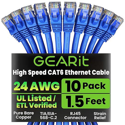 GearIT Cat 6 Ethernet Cable Pack - 10-Pack 1.5 ft Cat6 Ethernet Patch Cables | RJ45 Network Patch Cable, 10 Gbps Snagless Gold-Plated Connectors - Ethernet Cable Cat 6 for PC, TV, Router - Blue