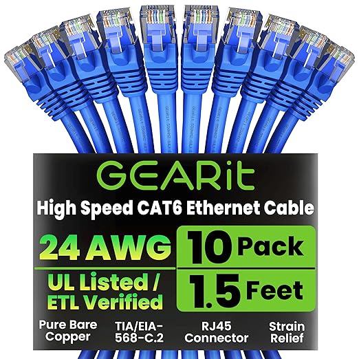 GEARit Cat 6 Ethernet Patch Cable 1.5 ft Blue (10 Pack) - Cat6 Patch Cables 1.5ft Blue/Ethernet Patch Cable, 10Gbps 550MHz 24AWG Pure Copper, Snagless, Gold Plated RJ45 for Router, Server, Router, PC