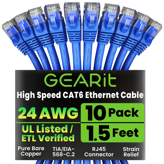 GEARit Cat6 Patch Cables Cat 6 Ethernet Cable 6 ft 10-Pack Green