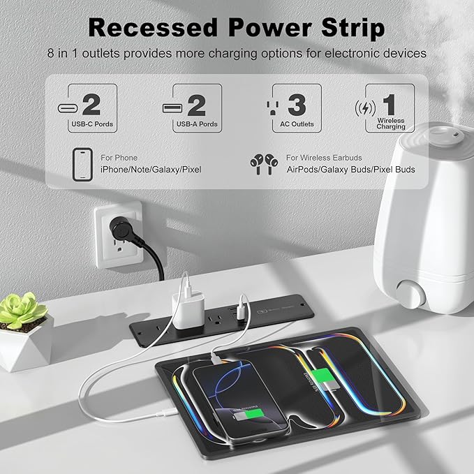 8 in 1 Recessed Power Strip with 15W Wireless Charger, 20W Fast Charging Furniture Outlet, Plug in 3 AC Outlets & 4 USB Ports Flush Mount, 10FT Cord