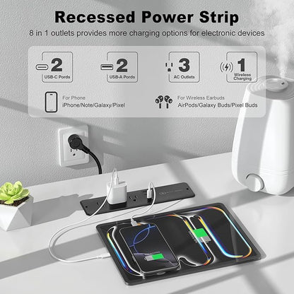 8 in 1 Recessed Power Strip with 15W Wireless Charger, 20W Fast Charging Furniture Outlet, Plug in 3 AC Outlets & 4 USB Ports Flush Mount, 10FT Cord