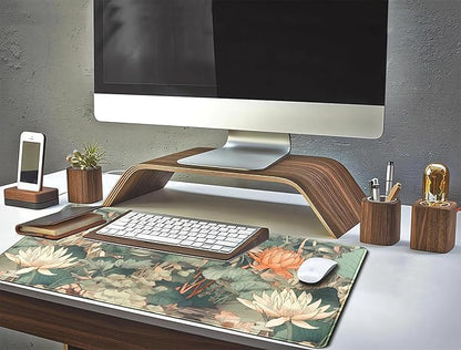 Light Emerald and Orange Floral Desk Mat, XXL Large Extended Mouse Pad Gaming Desk Pad, Aesthetic Asian Lotus Flower Big Laptop Keyboard and Mouse Mat for Women Desktop Office Decor 31.5x15.7 in