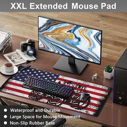 Mouse Pad, Large Vintage USA Flag with Tractor Desk Mat, Extended Non-Slip Gaming Keyboard Mousepad Desk Pad, Thick Stitched Edges Waterproof Mouse Mat 31.5"x15.7" (Retro American Flag)
