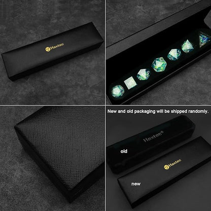Haxtec DND Dice Set Sharp Edge Resin Dice Iridecent Inclusion with Dice Case Green D&D Dice for RPG Role Playing Games Compatible with Dungeons and Dragons Gift Galaxy Series