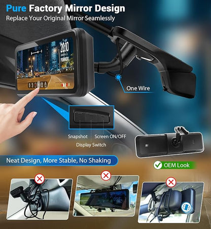 PORMIDO OEM Rear View Mirror Camera with Auto-Brightness, 11" Mirror Dash Cam with 2K Ultra-Bright Touchscreen, Detached Front Backup Rearview Zoom Built-in GPS Night Vision 64GB Card Parking Monitor