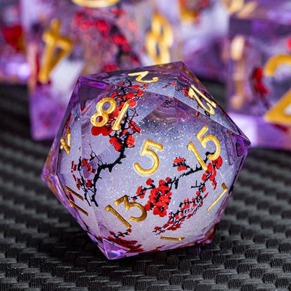 ARUOHHA DND Resin Dice Plum Blossom Liquid Core Golden Purple Sharp Edged Dragons Polyhedral Dice Set with Gift Box, Dungeons D and D Dice Set Role Playing Game D20 D12 D10 D8 D6 D4