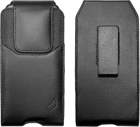 Leather Cell Phone Holster for T-Mobile REVVLRY+, REVVL 4, AT&T Fusion Z, Motivate, Jitterbug Smart3, Kyocera DuraSport 5G - Vertical Case Waist Carrying Pouch with Belt Clip/Loops, Black
