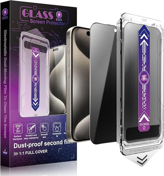 SHANG PIN JIA 2 Pack Privacy Screen Protector for iPhone 16 Pro Max 6.9-Inch Auto Dust Removal, No Bubbles,Anti-Spy Tempered Glass Film, Easy Installation