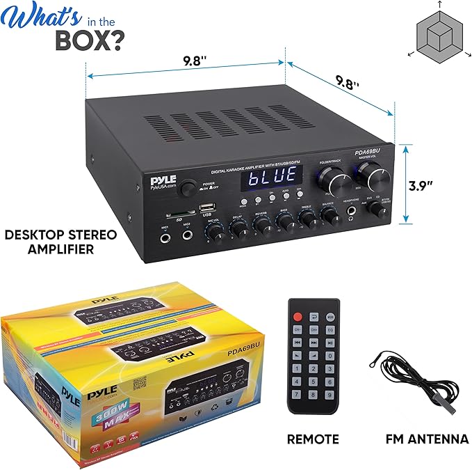 Pyle Stereo Amplifier Audio Receiver with Remote Control - Bluetooth Streaming, MP3/USB/SD/FM Radio, 2.0 Channel HiFi Sound System with RCA/Aux Inputs, Microphone & Headphone Jacks, Adjustable Bass