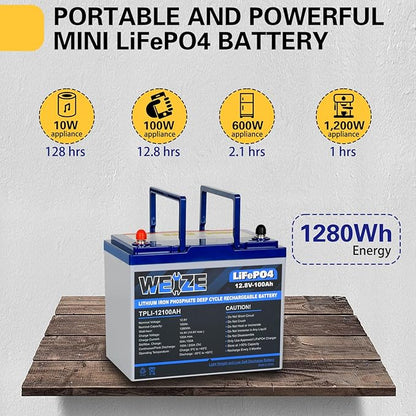 WEIZE 12V 100Ah Mini LiFePO4 Battery, Built-in 100A Smart BMS, Deep Cycle Lithium Iron Phosphate Battery Perfect for RV, Solar, Marine, Trolling Motor, Off Grid Applications, Backup Sump Pump