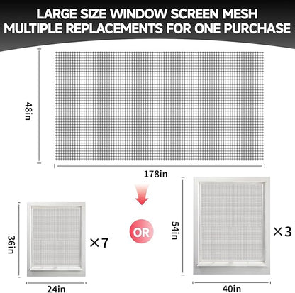 Window Screen Door Repair/Replacement Kit,48" x178" Adjustable Durable Fiberglass Window Screen Mesh,with Spline/Roller/Hook/Clips Screen Door Repair Kit,DIY Window,Porch Sliding Door(Black)