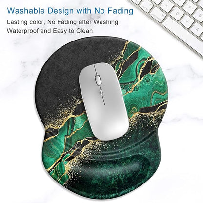 ITNRSIIET Ergonomic Mouse Pad with Gel Wrist Support Small Wrist Rest Smooth Surface Non-Slip PU Base Comfortable Office Supplies Pain Relief, 8.7 x 7.2 inches, Green Marble Gold