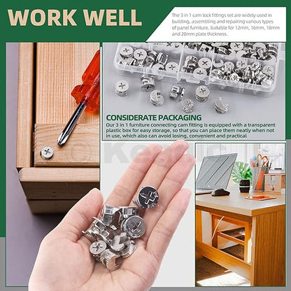 Keadic 100 Pcs 4 Sizes Cam Locks for Furniture, 3-in-1 Eccentric Wheels, Furniture Cam Lock Nuts Furniture Connecting Cam Lock Fittings Assortment Kit for Wardrobe Drawer Closets Bed