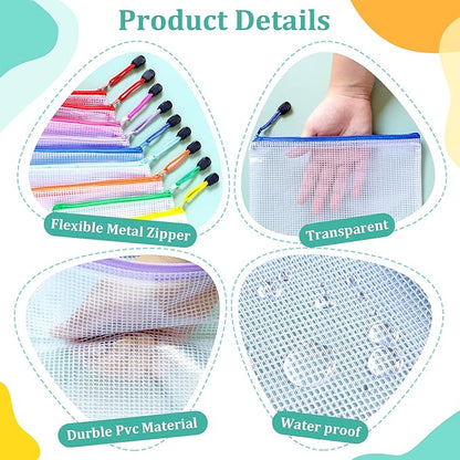 24pcs Mesh Waterproof Pouch Bags, 9 Sizes Clear Pouches, Organizer Bags With Zipper, 8 Colors for Travel & Toy Storage