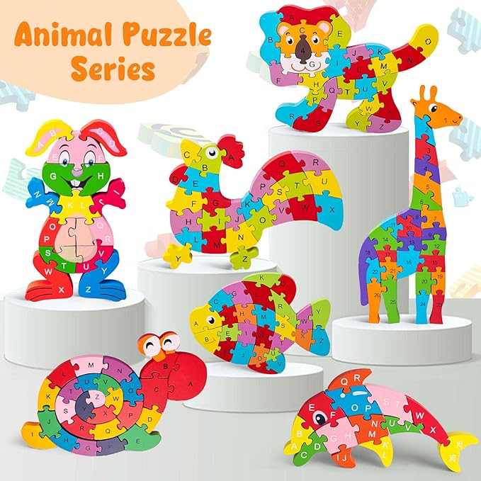 LovesTown Rooster Wooden Puzzles for Toddlers, Montessori ABC Learning Toys for Kids Ages 3-6, 26 Letters, Colorful Educational GIFS