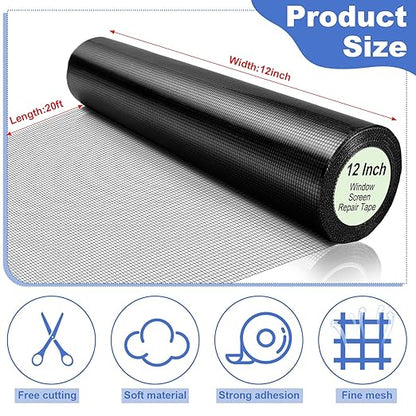 Extra Wide 12 inch x 20 ft Window Screen Tape Mesh Repair Strong Adhesive Waterproof Fiberglass Screen Repair Kit Patch for Window Door Tears Holes(Black)