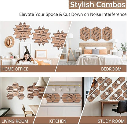 Mollywell Hexagon Acoustic Panels, Walnut TW4, 14x12x0.4 Inch, 12 Pack |Wood Veneer|High Density Sound Proofing Wall Panels|Self Adhesive Sound Dampening Felt Wall Tiles|Home Theater|Gaming Room|