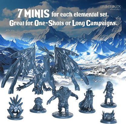 Underdusk: Elemental Encounters - 35 Unpainted Tabletop Miniatures for D&D, Pathfinder & RPGs | Includes Fire, Ice, Water, Air, and Earth Elements with Stat Blocks