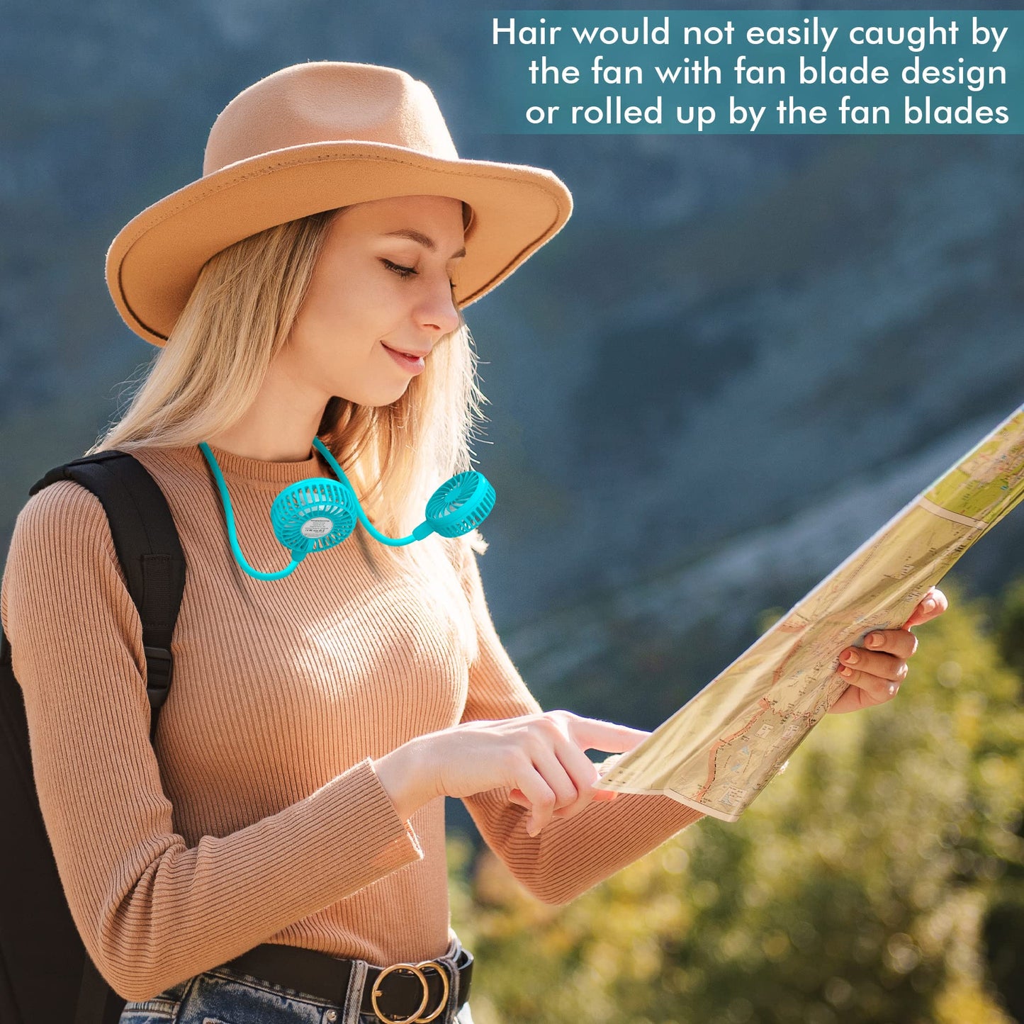 Portable Neck Fan, 2600mAh Battery Operated Sport Fan Ultra Quiet Hands Free USB Fan with 3 Speeds, Strong Wind, 360° Adjustable High Flexibility Wearable Personal Fan for Office Outdoor Travel (Cyan)