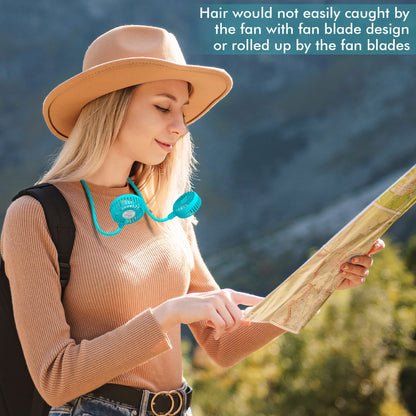 Portable Neck Fan, 2600mAh Battery Operated Sport Fan Ultra Quiet Hands Free USB Fan with 3 Speeds, Strong Wind, 360° Adjustable High Flexibility Wearable Personal Fan for Office Outdoor Travel (Cyan)