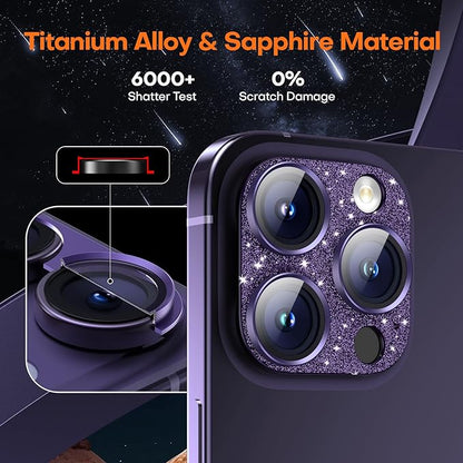 Camera Lens Protector for iPhone 16 Pro Max/16 Pro/15 Pro Max/15 Pro/14 Pro Max/14 Pro, Aluminum Alloy Sapphire Glass Camera Screen Cover, Case Friendly- Glitter Purple