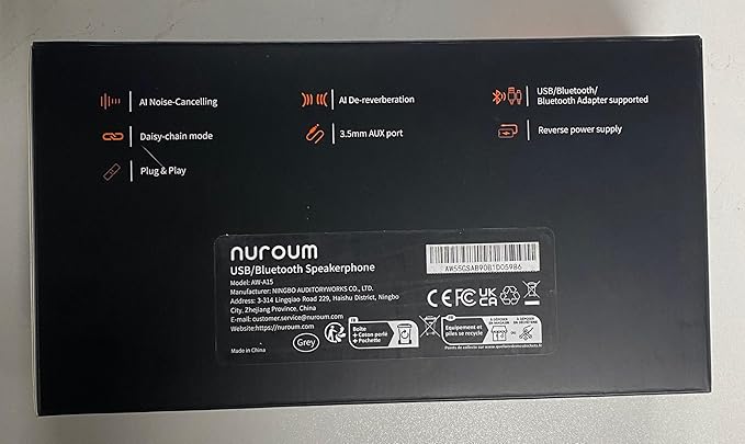 NUROUM A15 Conference Speaker and Microphone, Portable Bluetooth Wireless Speakerphone, 360° Noise Cancelling Voice Pickup, Daisy Chian for Calls/Computer/PC/Laptop via Bluetooth/Dongle/USB-A/C Grey