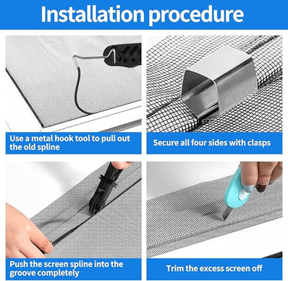 Window Screen Repair Kit, 48"x118" Screen Door Mesh Replacement Kit, Durable Fiberglass Black Window Screen kit with Tools, Rolling, Hook, Spline, Clips for Windows Doors Patio and Porch
