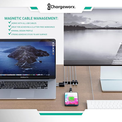 Chargeworx Magnetic Cable Holder for Cable Management – Multipurpose Desktop Cable Management System, 20-PK, Great for USB-C, Lightning, Micro-USB & Other Cables – Sticks to Any Surface (20-PK Black)