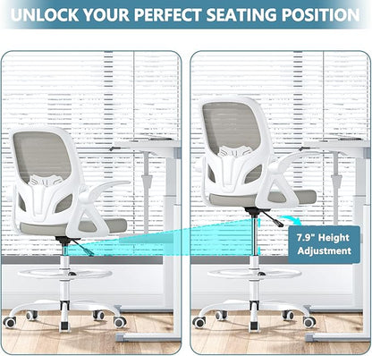 Tall Drafting Chair with Footrest Ring for Home and Work, Ergonomic Home Desk Office Chair with Flip up Arms and Lumbar Support, Extended Height Executive Desk Office Chair(Gray)